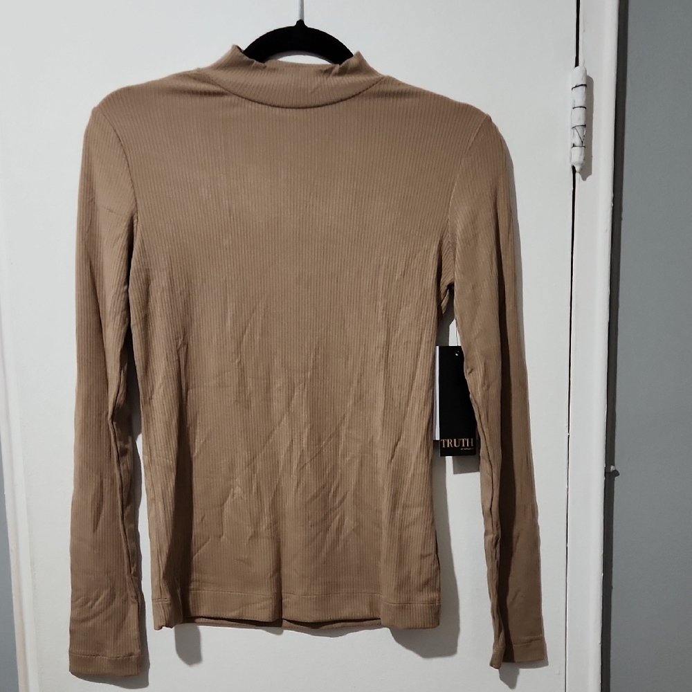 Truth By Republic:  Ribbed Beige Long Sleeve Mock Neck Top